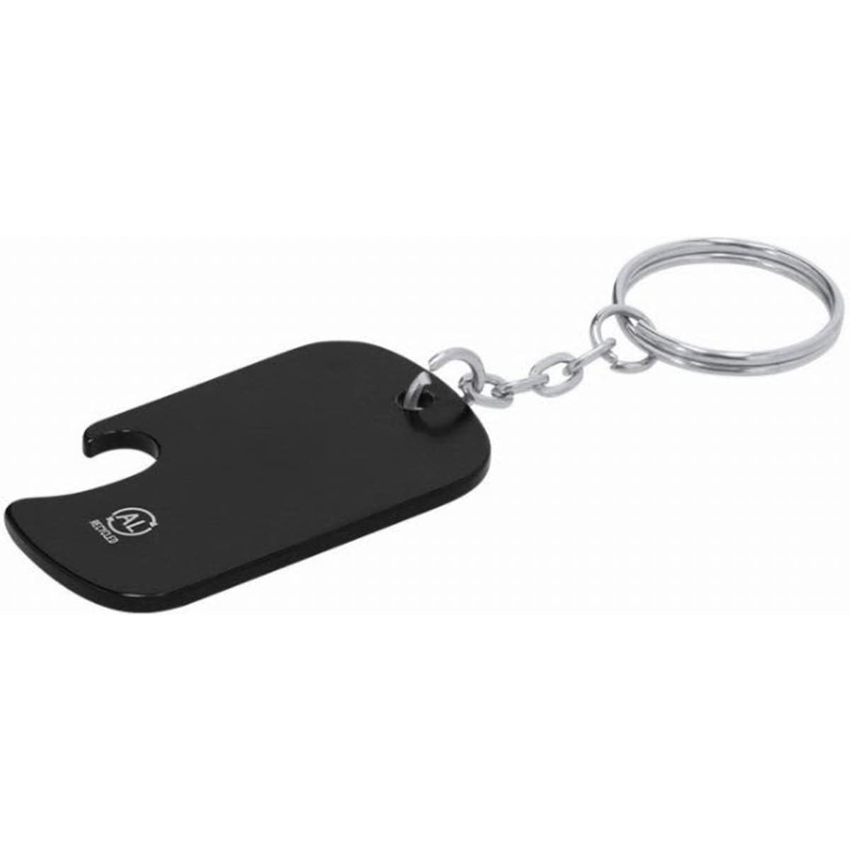 A keyring with a black, rectangular tag featuring a rounded cutout and a silver chain. It has a logo on one side.