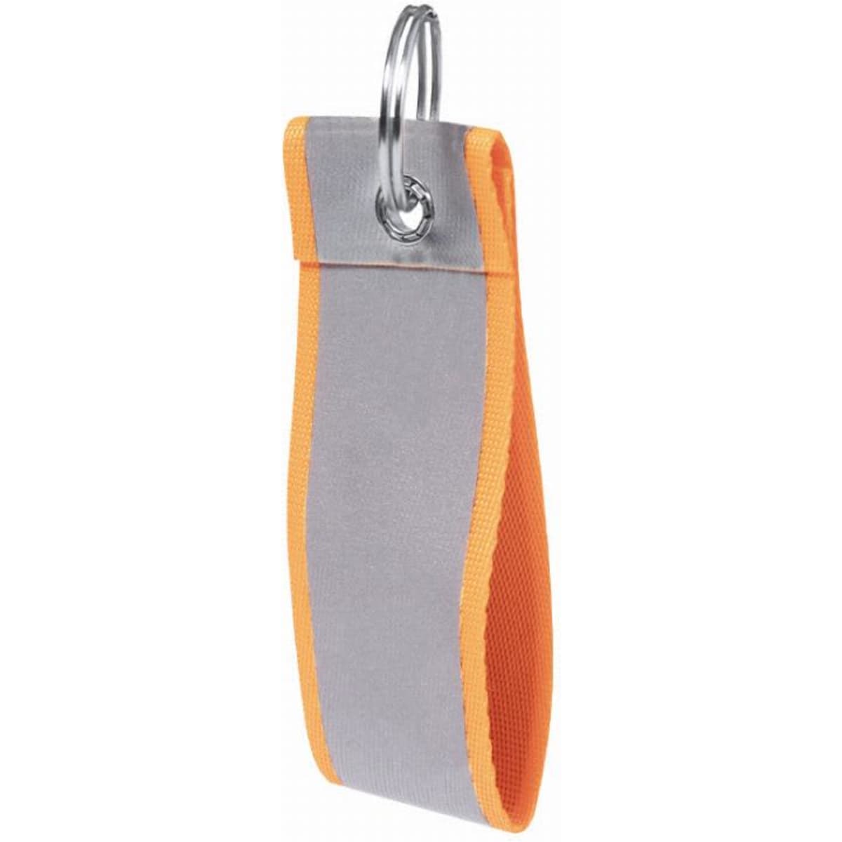 A grey and orange keyring holder featuring a loop for attaching keys or other items.