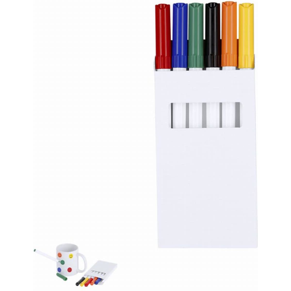 A set of colourful markers in a white holder, featuring eight different colours and a matching white mug with markers.