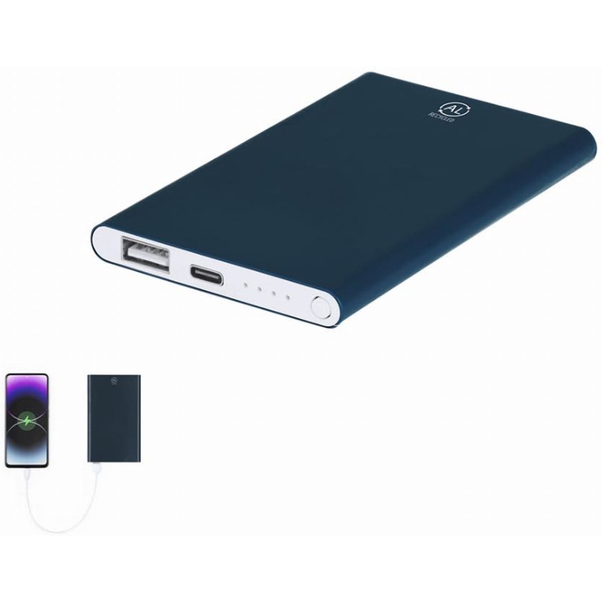 A power bank in navy blue with USB ports, featuring a logo and LED indicator lights on the side.
