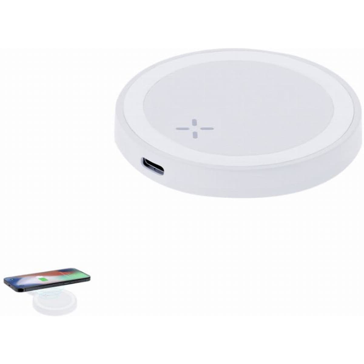 A wireless charging pad in white, featuring a logo and a USB-C port, with a smartphone placed beside it.