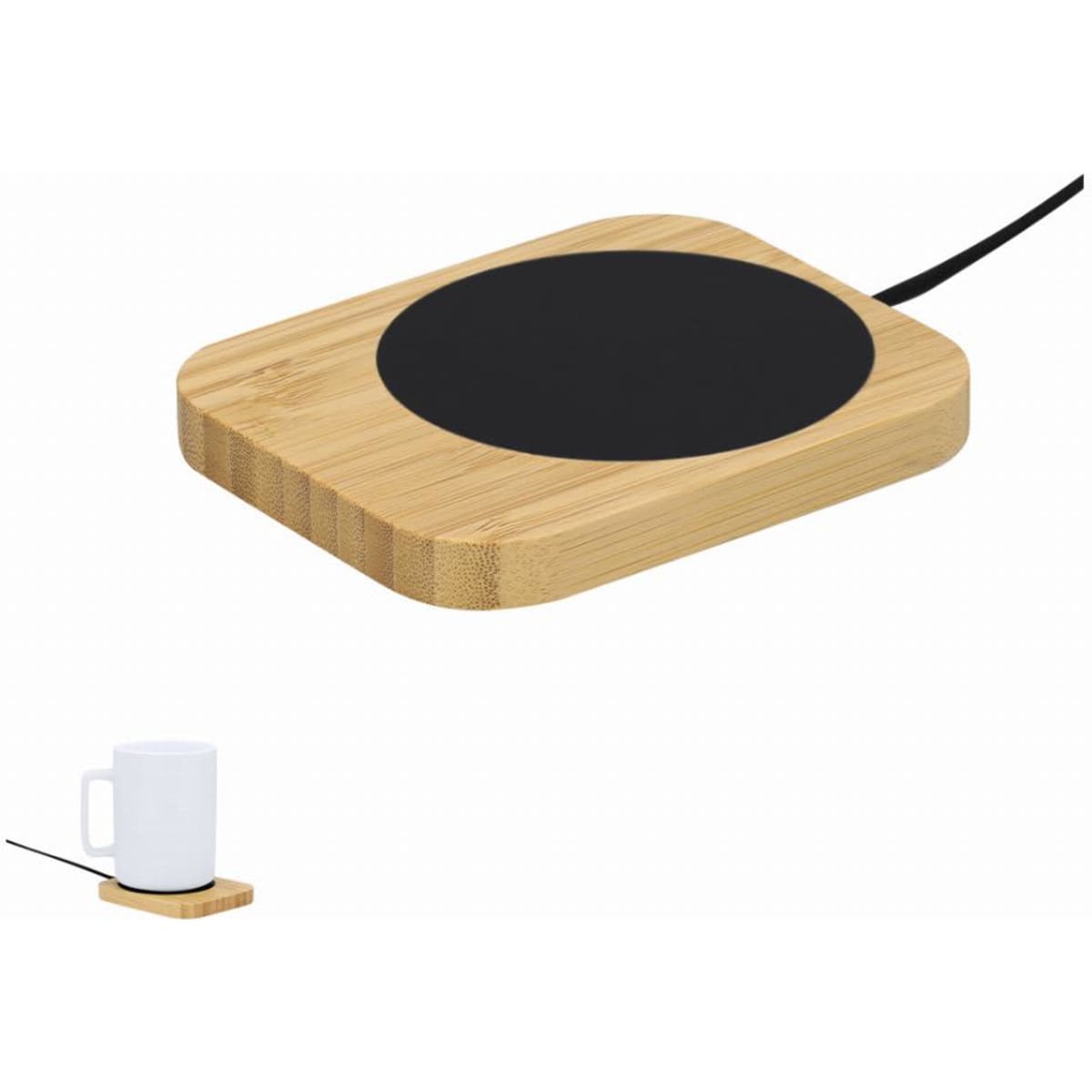 A wooden coaster with a black circular heat pad and a power cord, designed for warming mugs.