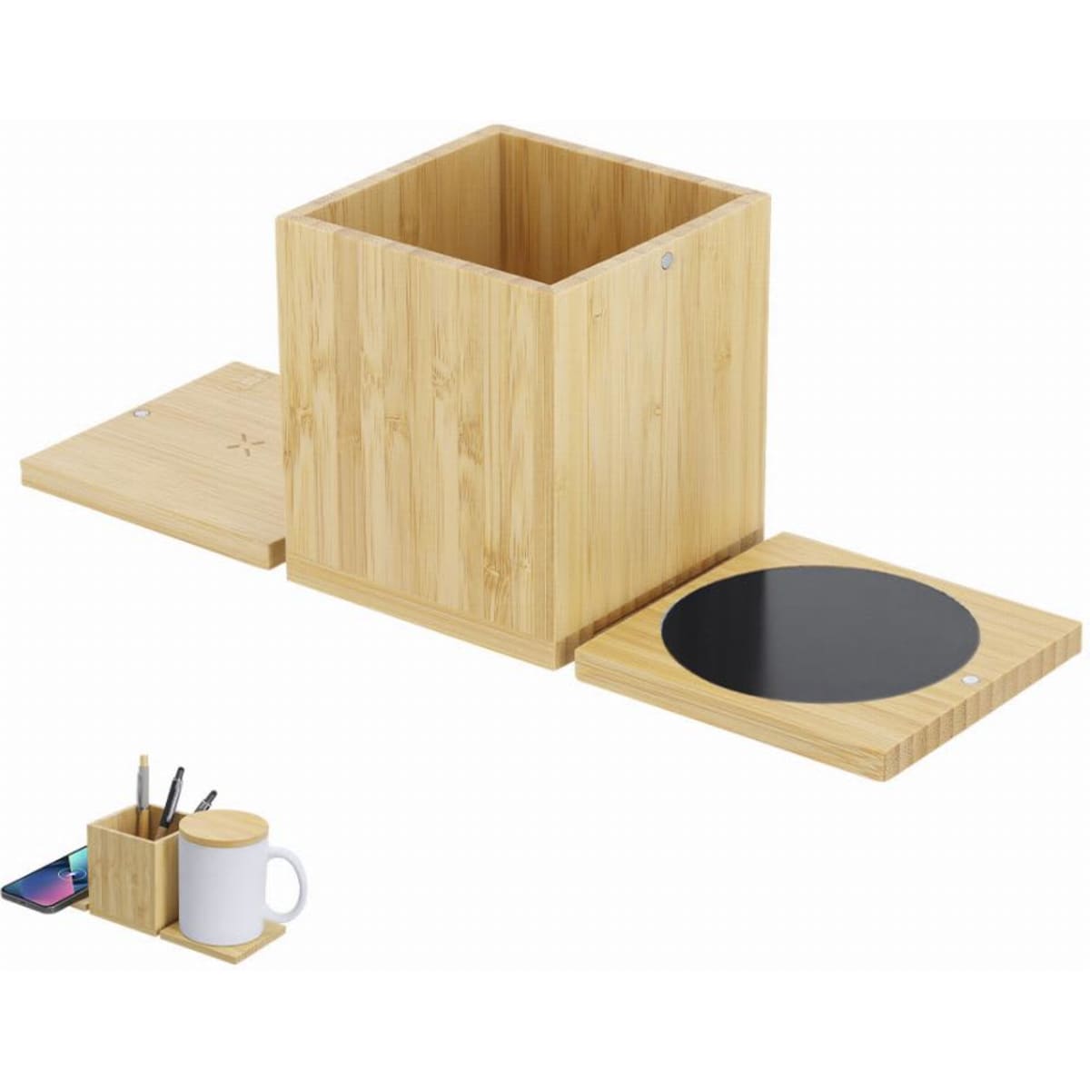 A bamboo storage box with a removable lid and a circular black section, designed for organising items.