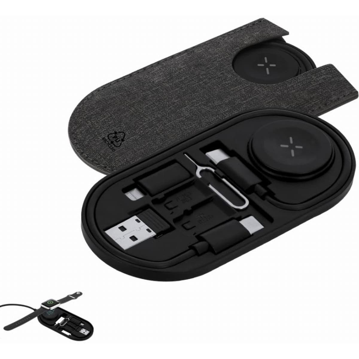 A sleek black charging kit featuring a wireless charger, USB cables, and a SIM card ejector, encased in a fabric cover.