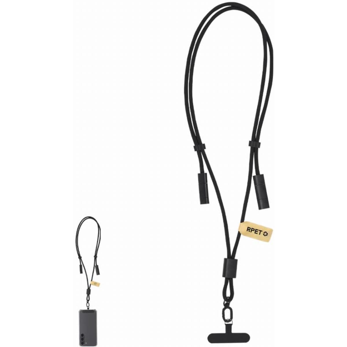 A black lanyard with adjustable cords and two connectors. It has a tag featuring a logo.