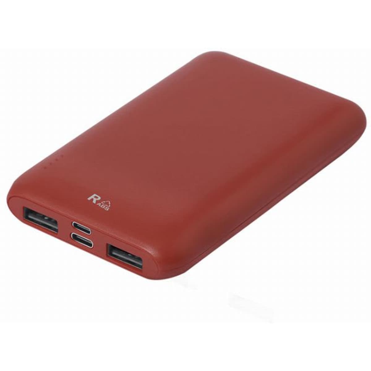 A power bank in a sleek red design with multiple USB ports and a logo on the surface.