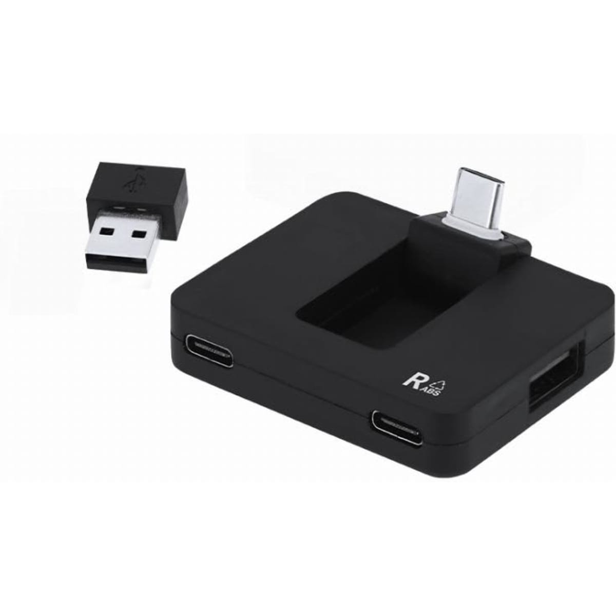A USB hub in black featuring multiple ports, with an additional USB adapter included.
