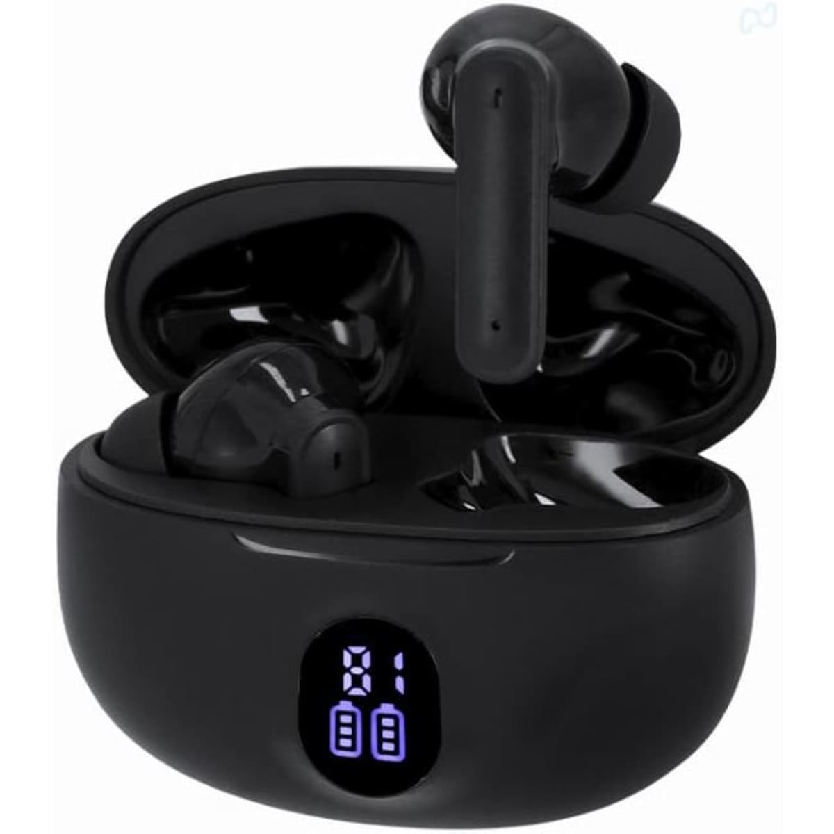 A set of black wireless earbuds in a charging case with a digital display showing battery life.