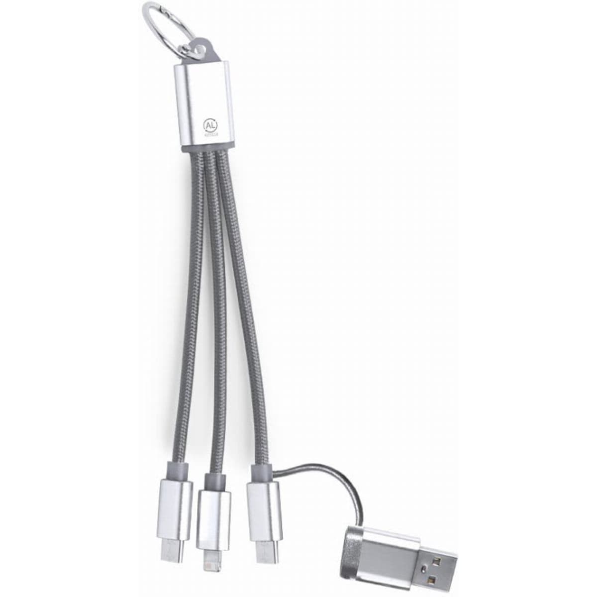 A multi-charging cable with three connectors attached to a keychain, featuring a sleek silver design.