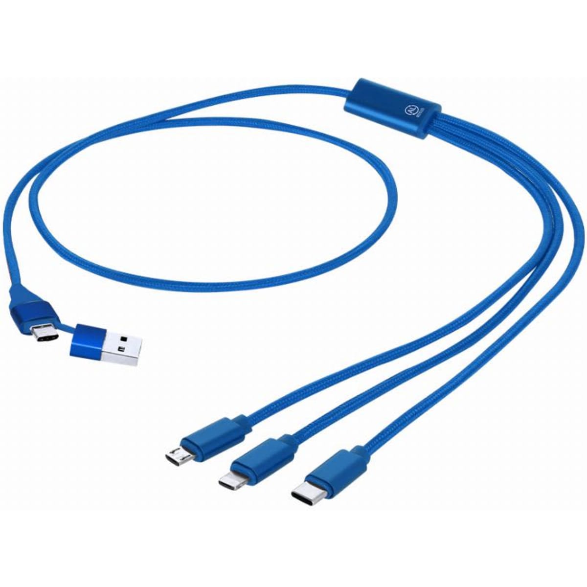 A blue multi-charging cable with one USB connector and three different charging tips for various devices.