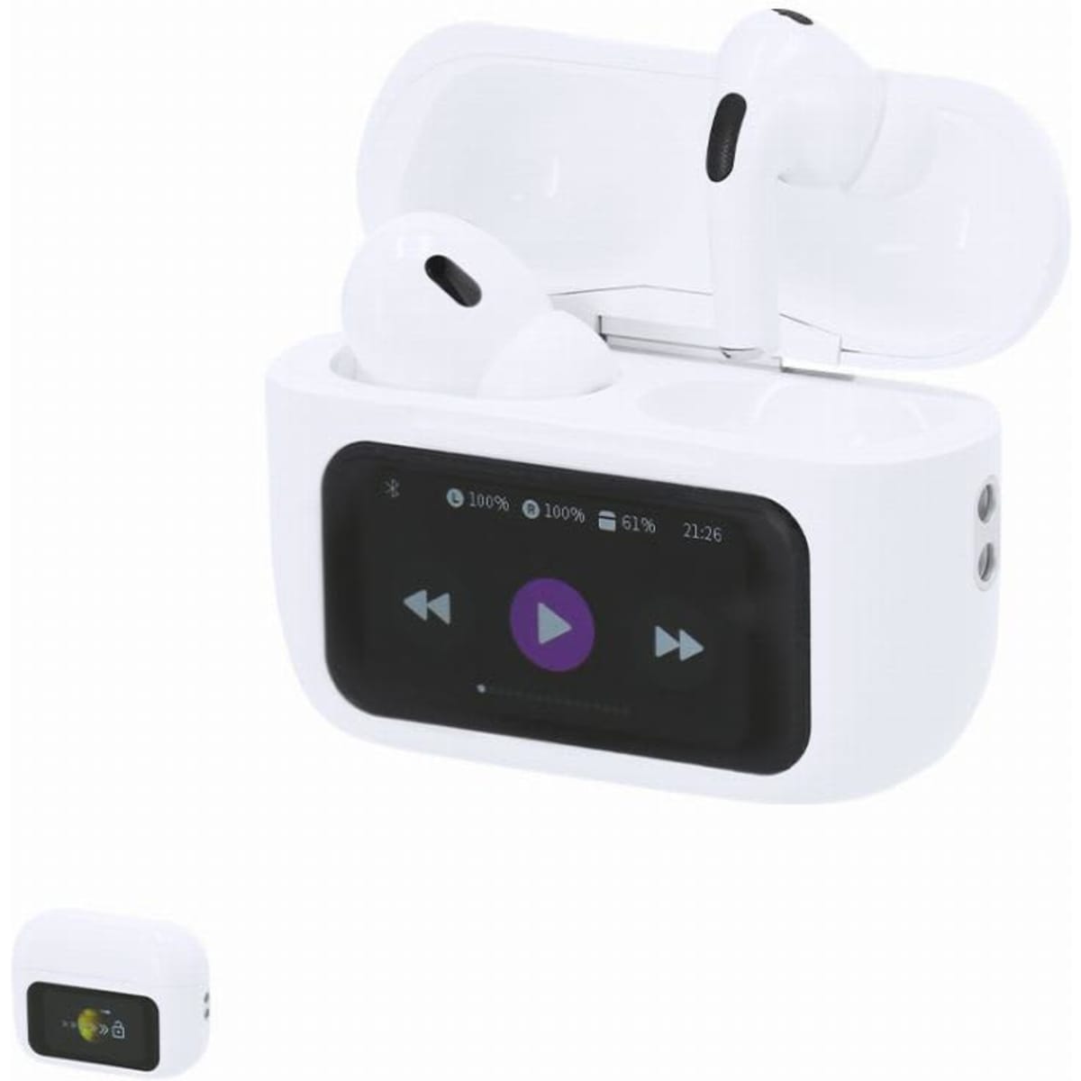A wireless earbud case in white, open to reveal the earbuds inside, with a control display on the front.
