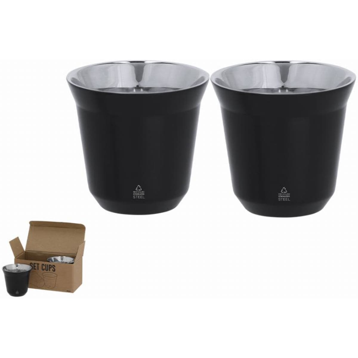 A set of two black drink cups with a shiny silver interior, displayed with their packaging box.