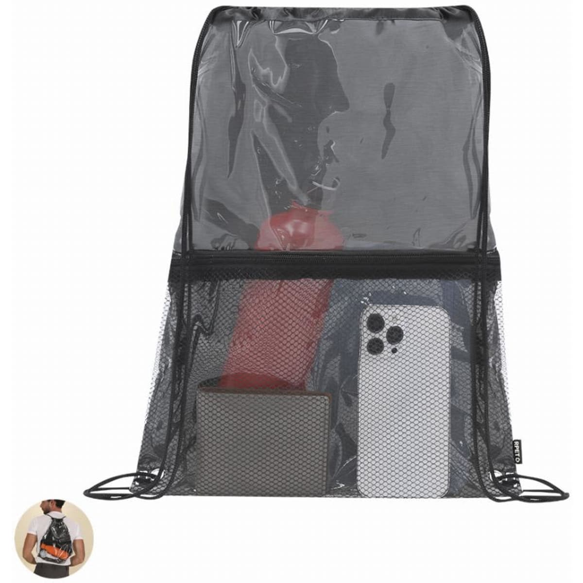 A mesh drawstring bag in black containing a drink bottle, a phone, and a speaker. The bag has a transparent design.