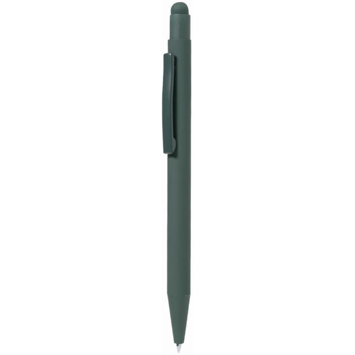 A green pen with a clip, featuring a smooth, rounded design and a retractable tip.