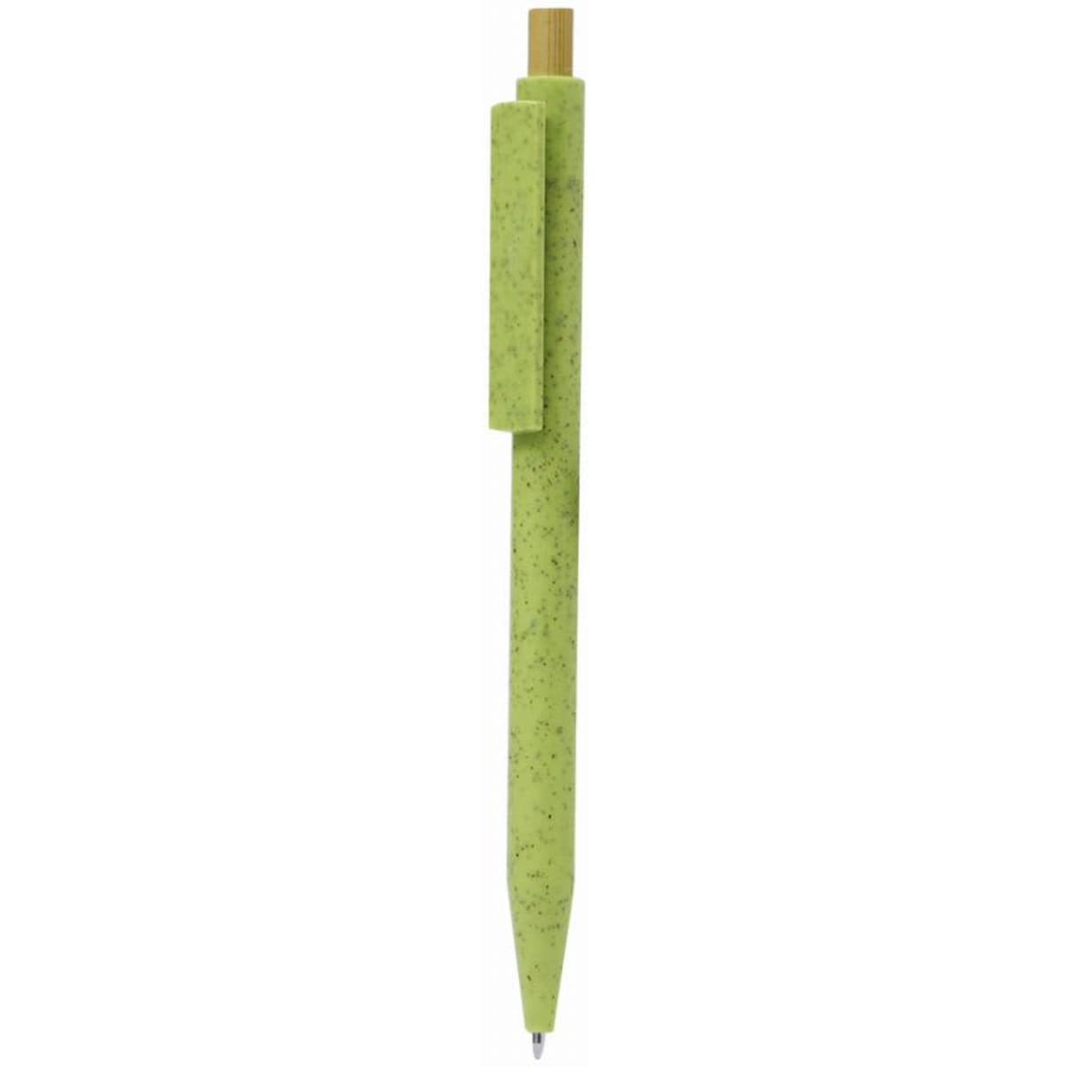 A green biodegradable pen with a bamboo clip, featuring a smooth, sleek design. It has a subtle speckled texture.