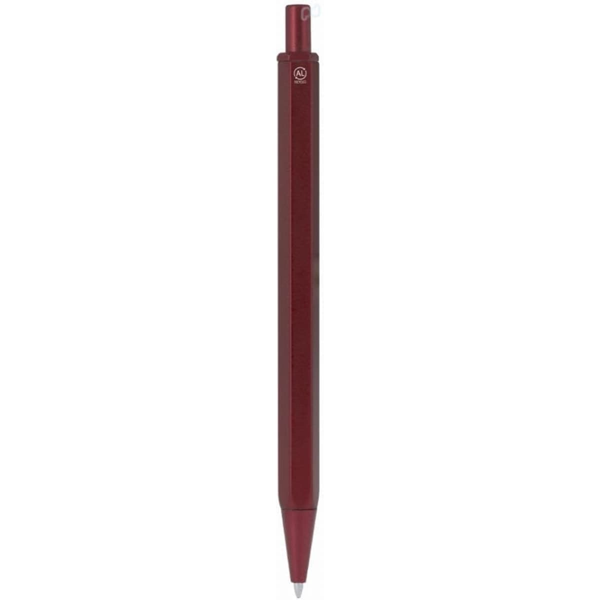 A pen in a dark red finish with a sleek, modern design and a logo on the clip.