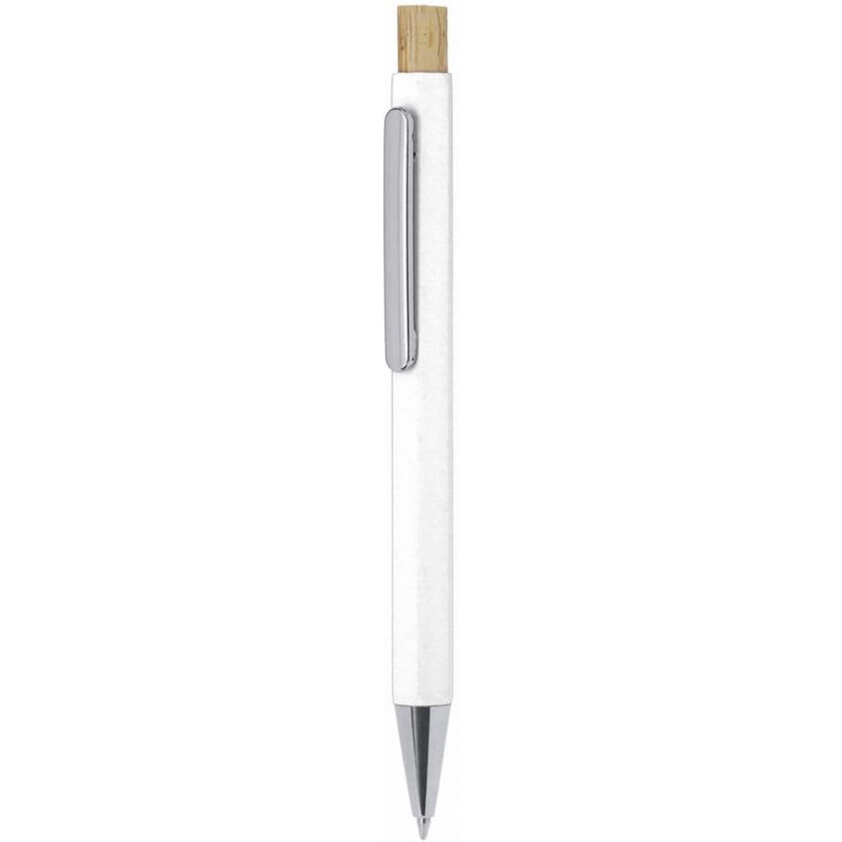 A ballpoint pen with a white barrel, wooden top, and silver clip. It features a sleek, minimalist design.