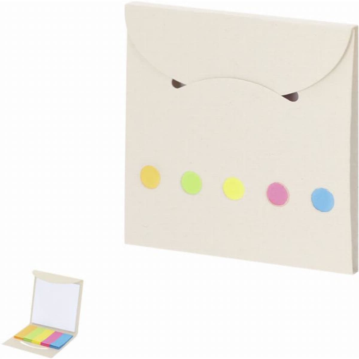A pocket-sized folder with a flap closure, featuring colourful sticky notes in various pastel shades.
