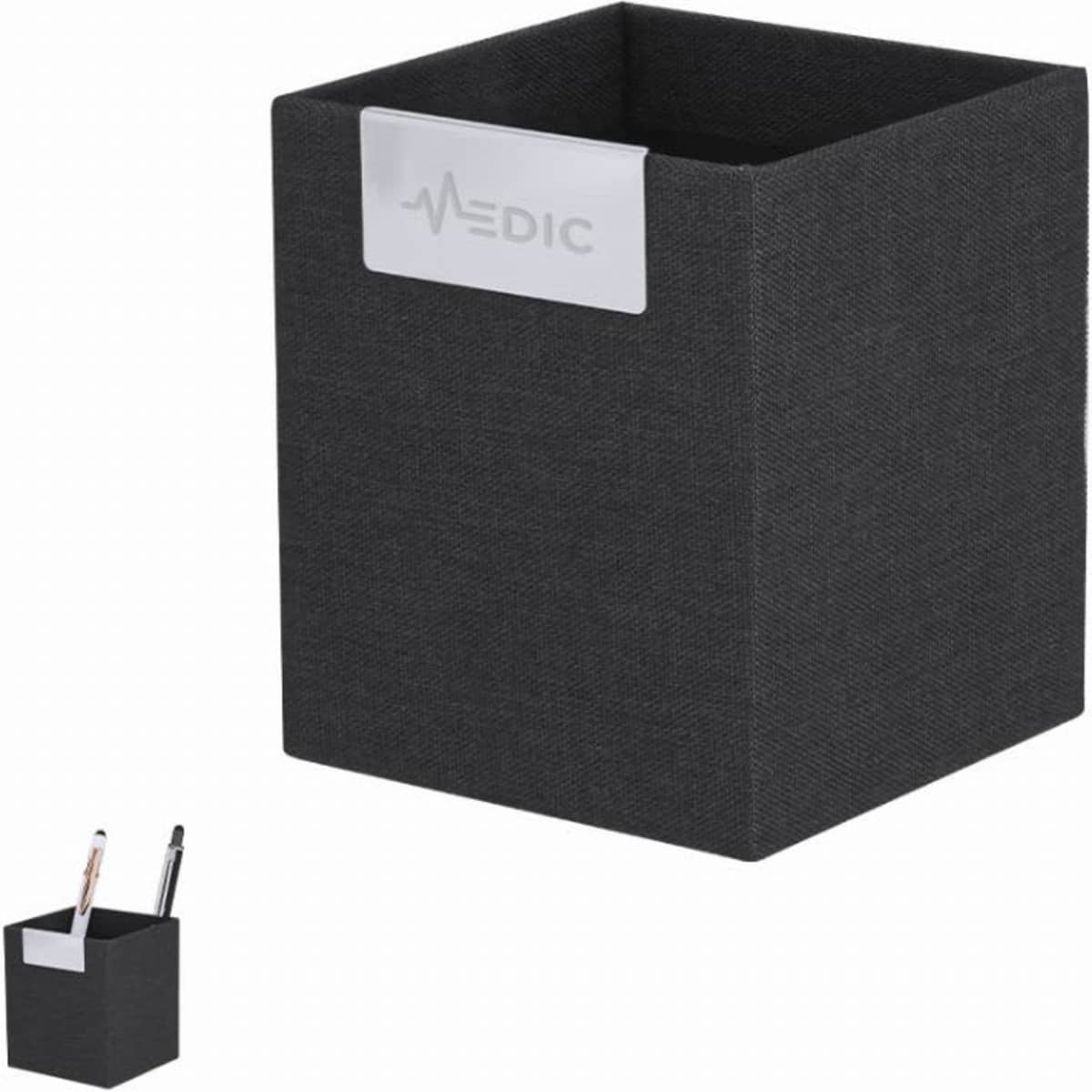 A storage container in black fabric with a silver label, featuring a simple, modern design.