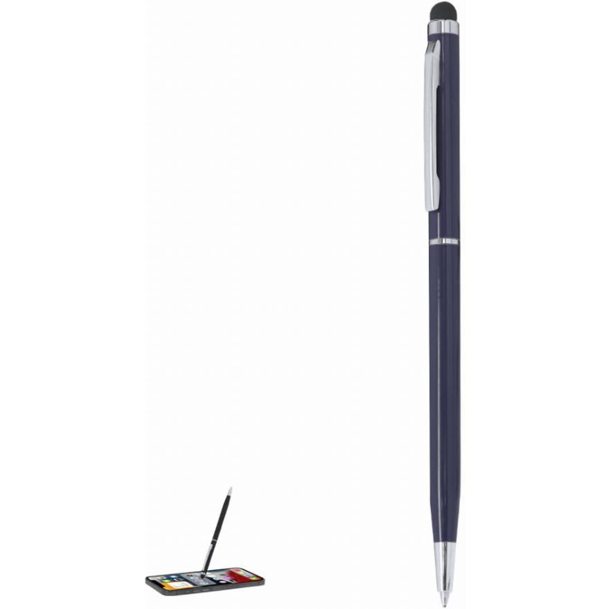 A navy pen with a silver clip and stylus tip, alongside a small palette with four colours.