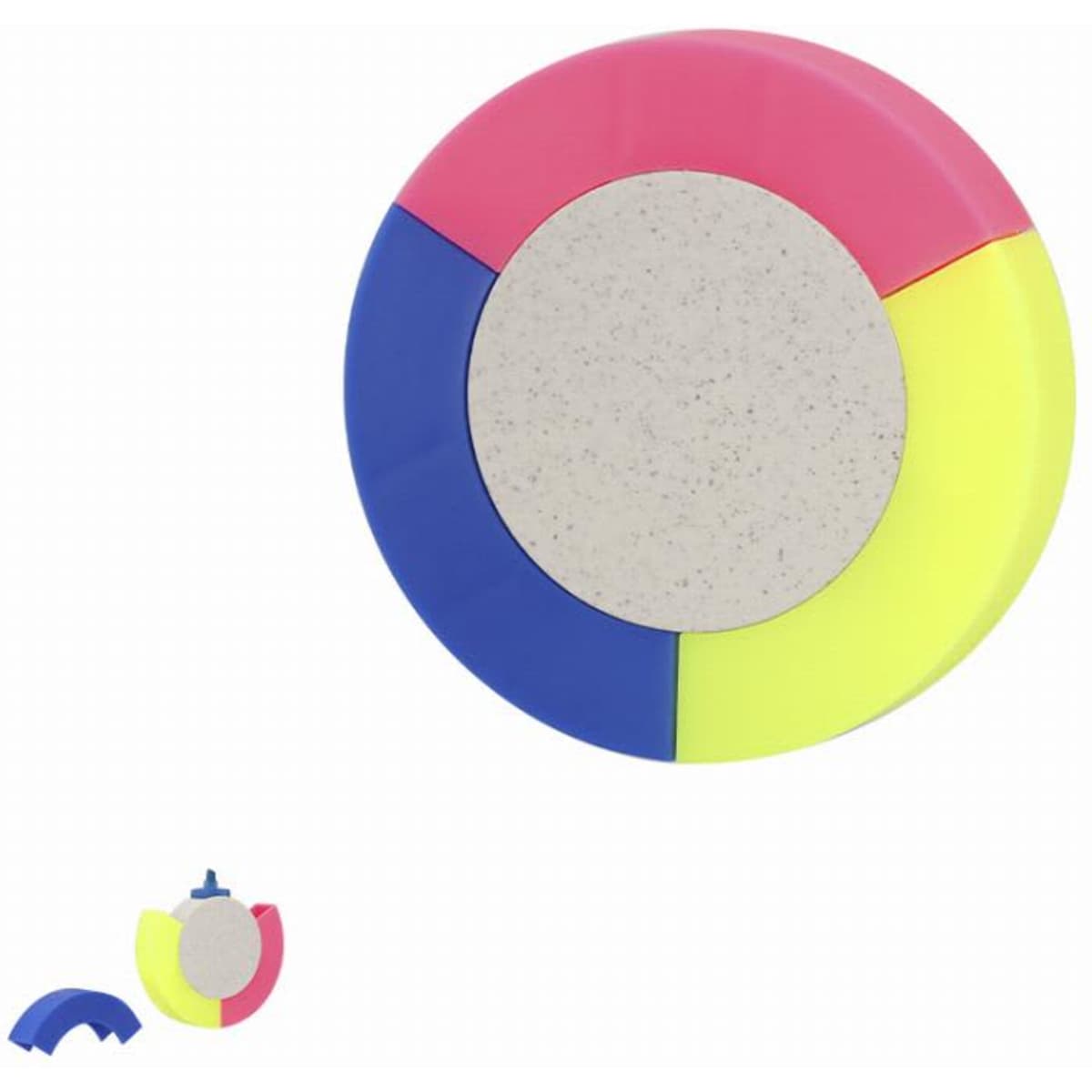 A multi-coloured circular coaster featuring pink, blue, yellow, and a neutral centre, positioned on a light background.
