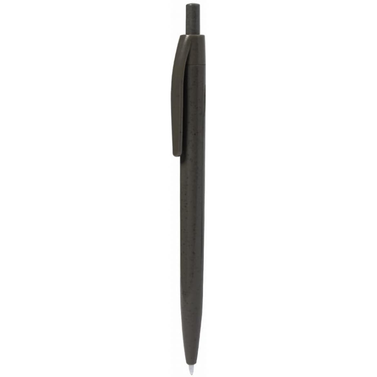 A black pen with a clip and a round barrel, featuring a retractable tip.