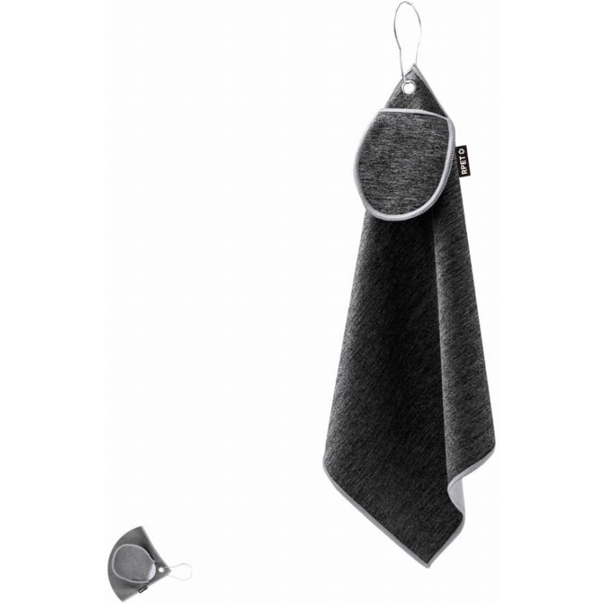 A grey towel with a hanging loop, featuring a pocket for easy storage. It has a contrasting white trim.