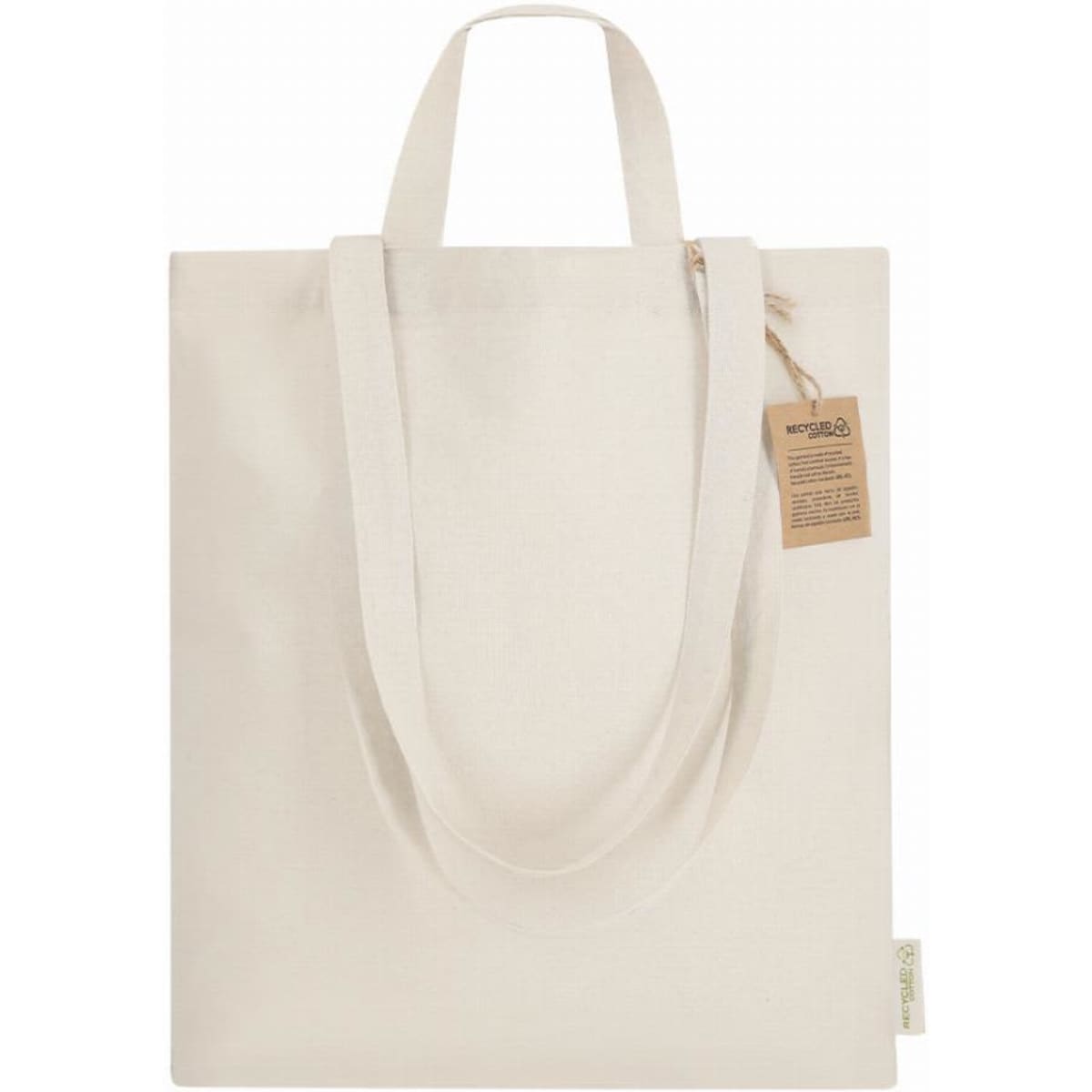 A tote bag in a natural, light cream colour with long handles and a small tag attached.
