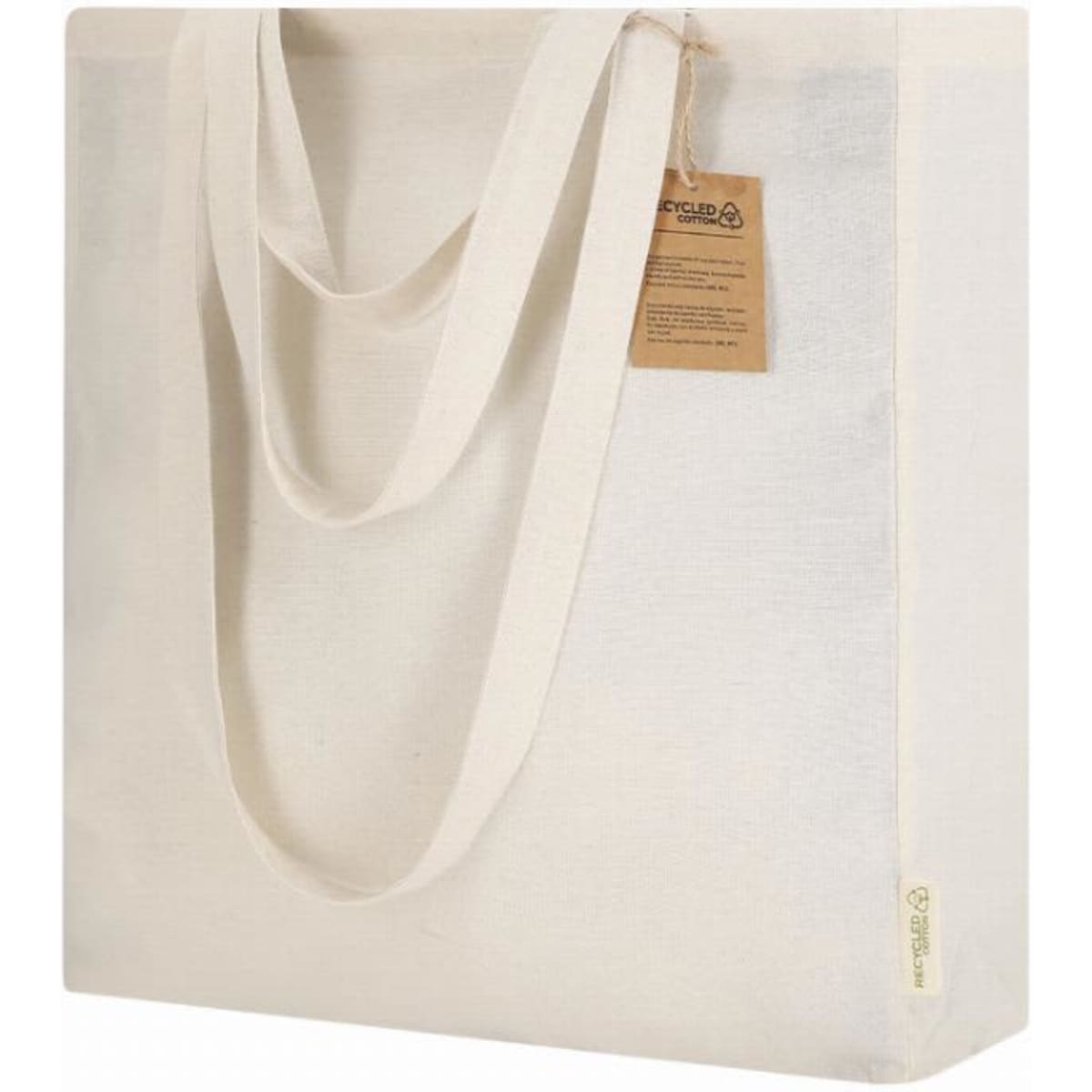 A reusable tote bag in cream colour with two sturdy handles and a tag attached. Features branding on the side.