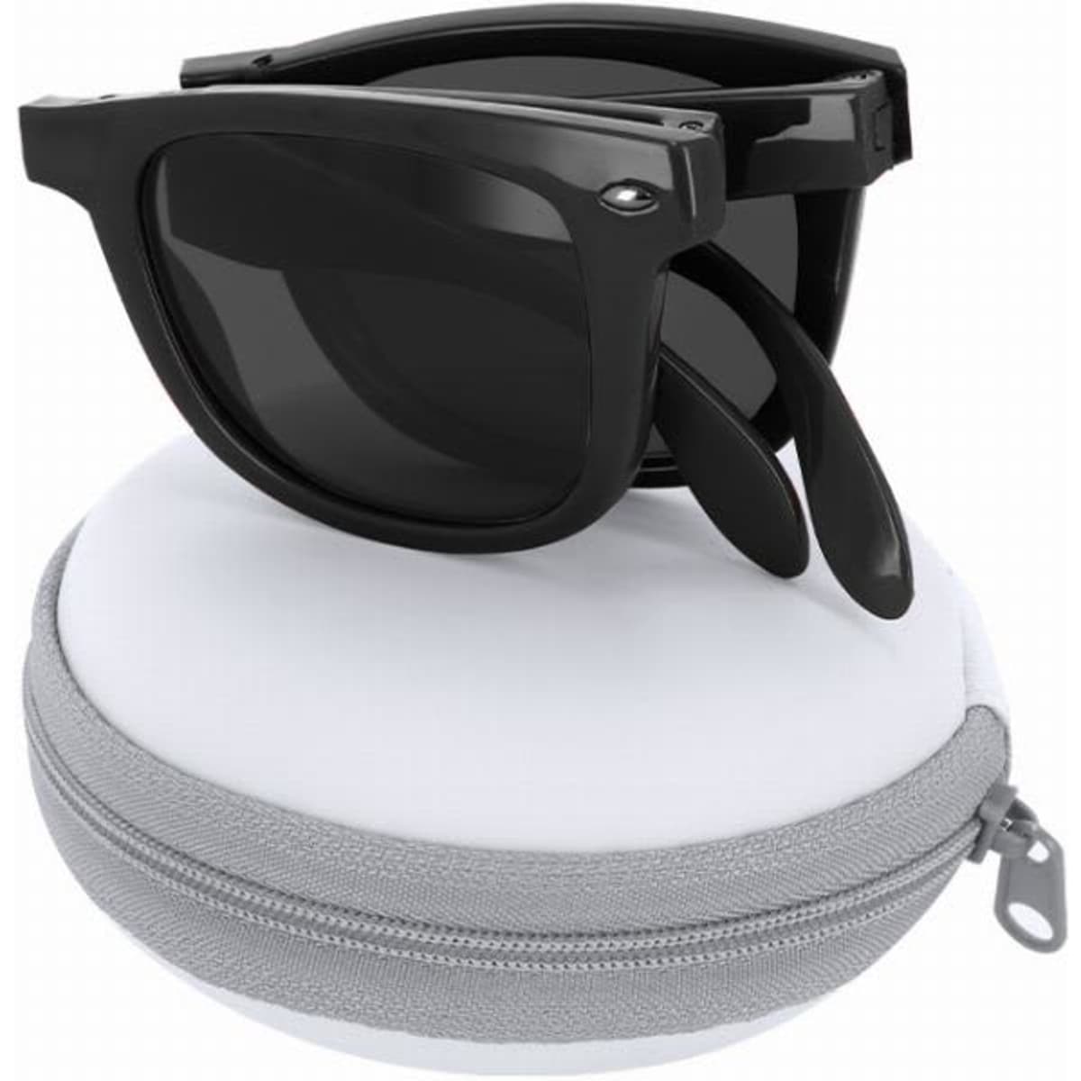 A pair of black sunglasses resting inside a grey and white protective case.
