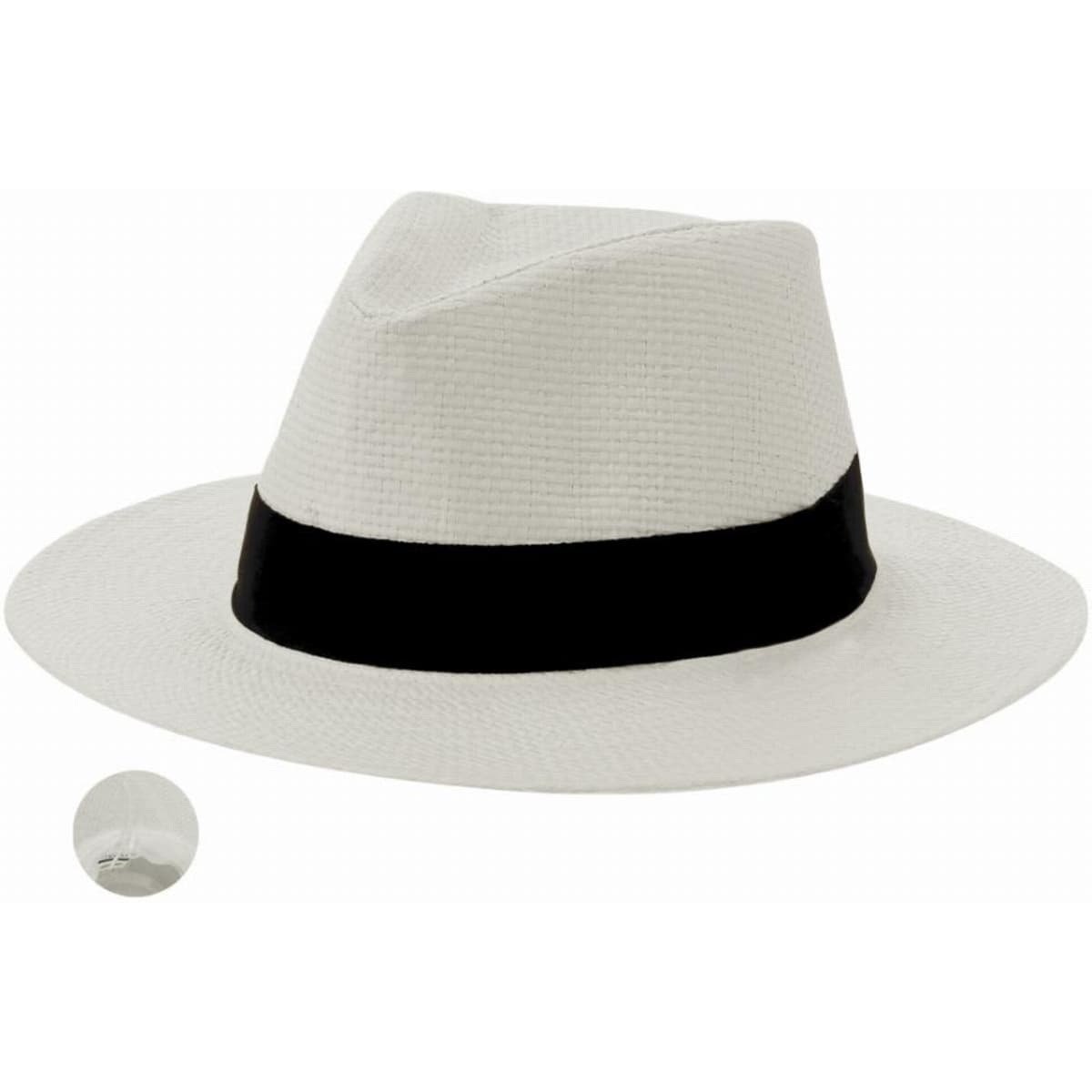 A white hat with a black band, featuring a wide brim and a textured surface.