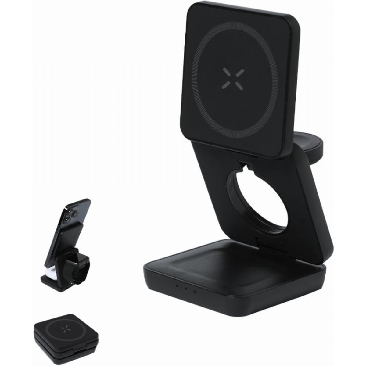 A black wireless phone charger stand with a sleek design, featuring a circular charging pad and an adjustable holder.