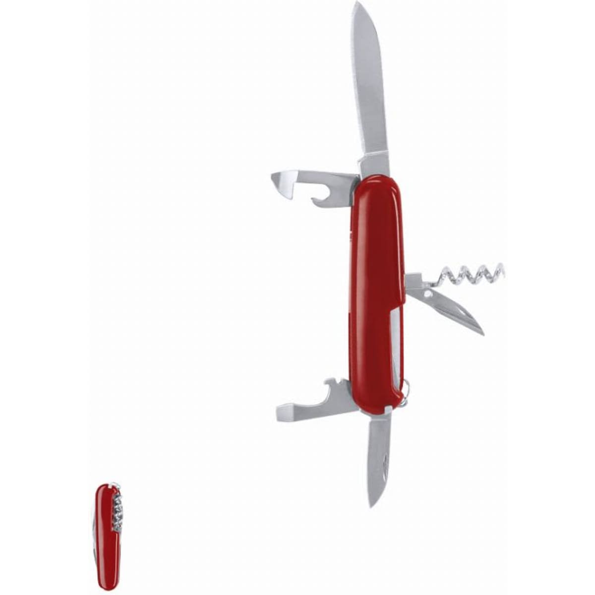 A red multi-tool featuring multiple blades, a corkscrew, and various tools. It has a simple design and compact size.