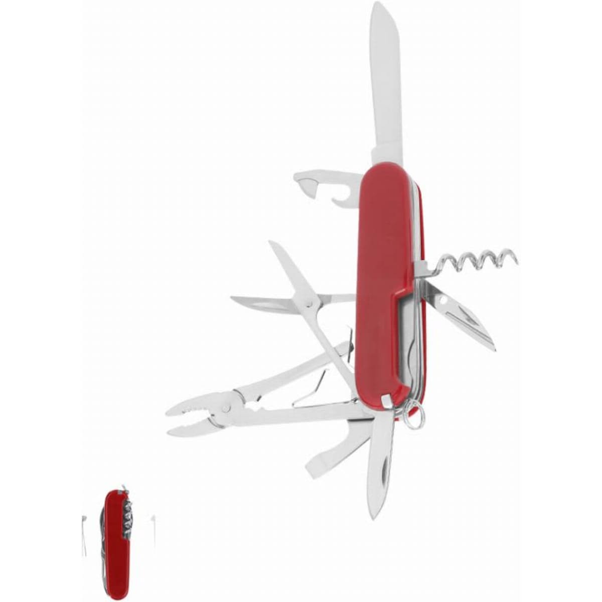A red multi-tool featuring various implements like knives, scissors, and pliers, with a compact design and a logo.