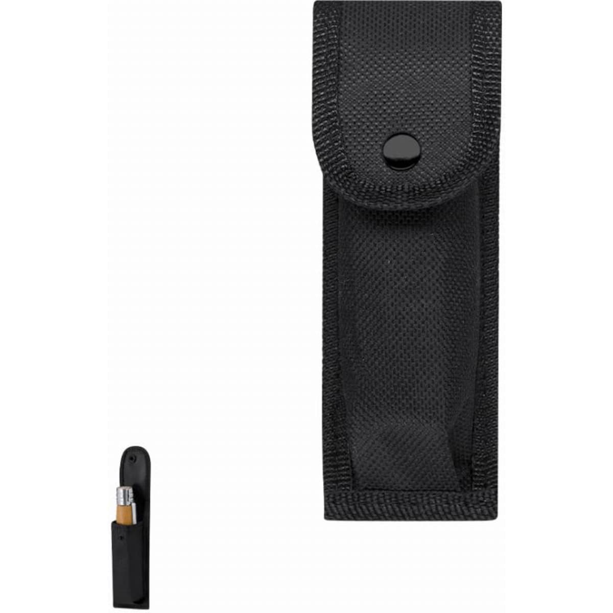 A black fabric holder with a snap closure, designed to fit a small item such as a lighter or similar object.