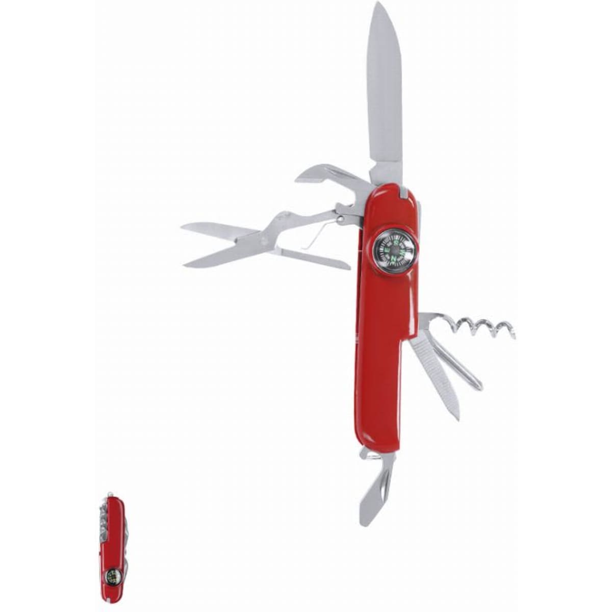 A red multi-tool featuring various blade and tool attachments, all housed within a compact design.