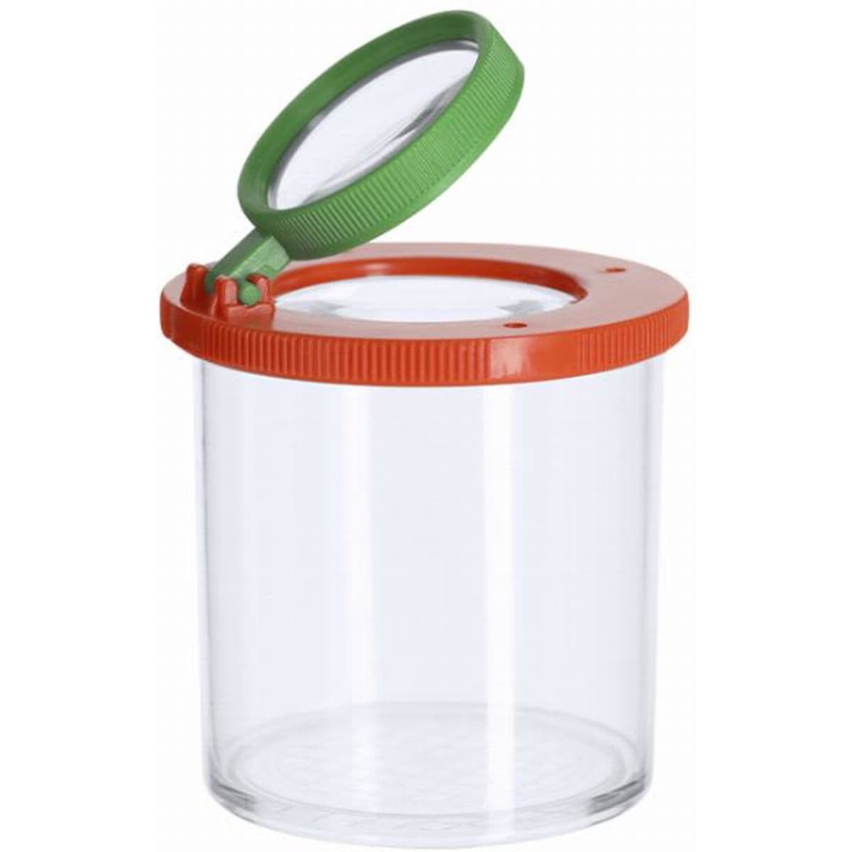A clear drink bottle with an orange lid and a green flip-top. It features a transparent body for visibility.