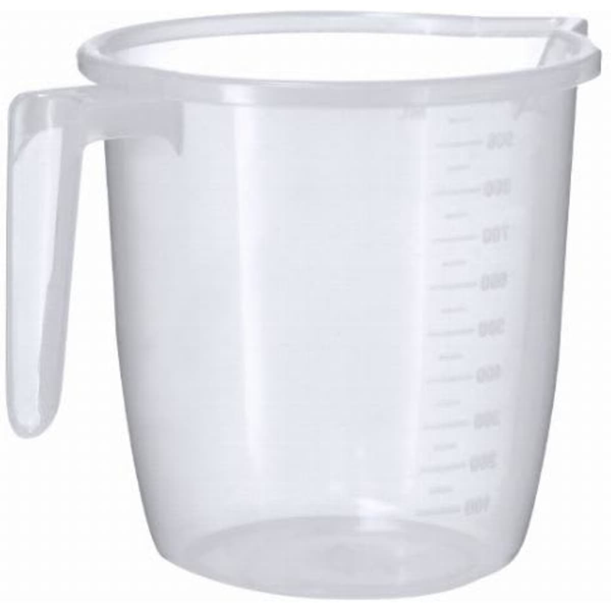 A measuring jug with a handle, transparent plastic, featuring measurement markings on the side.