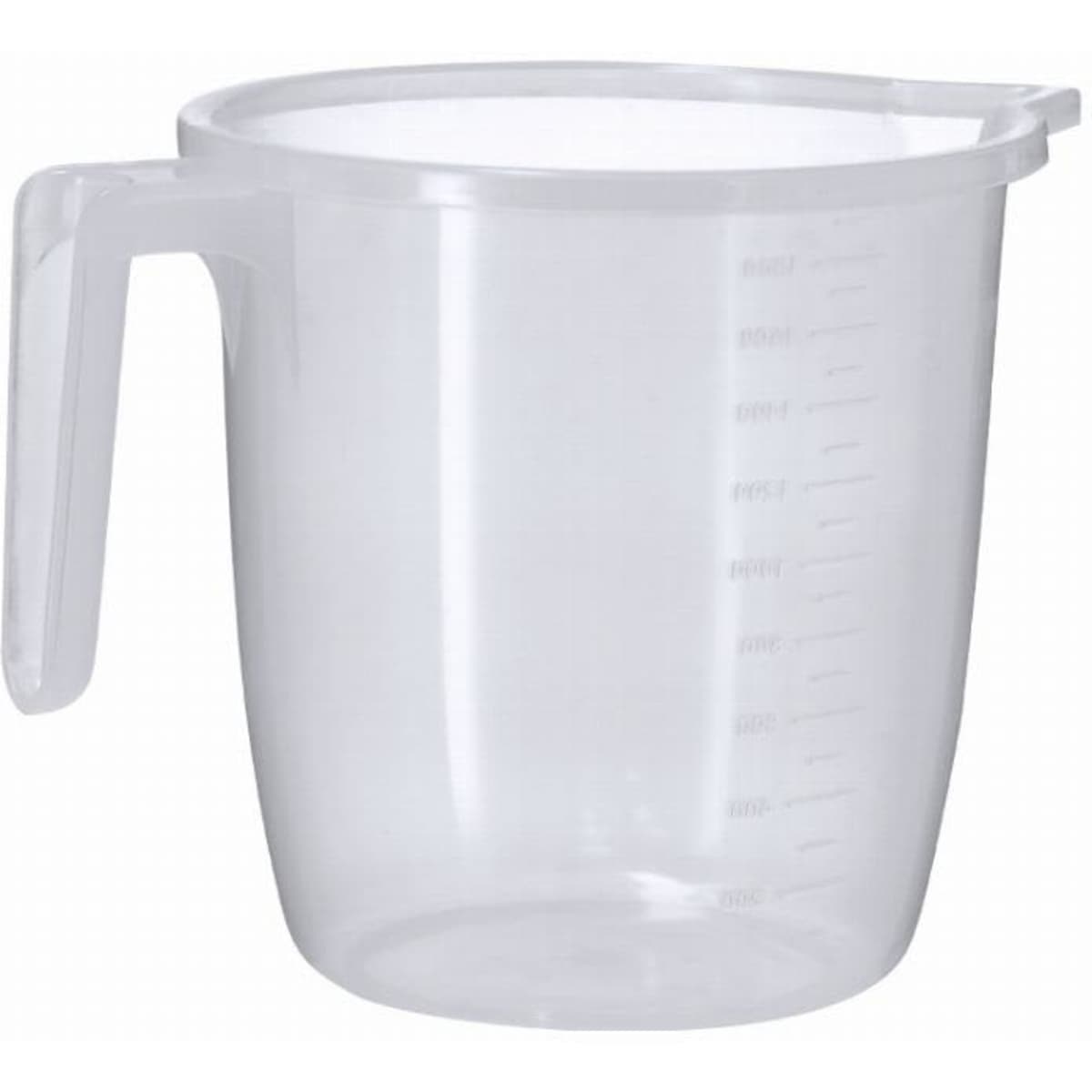 A clear plastic measuring jug with a handle and measurement markings on the side.