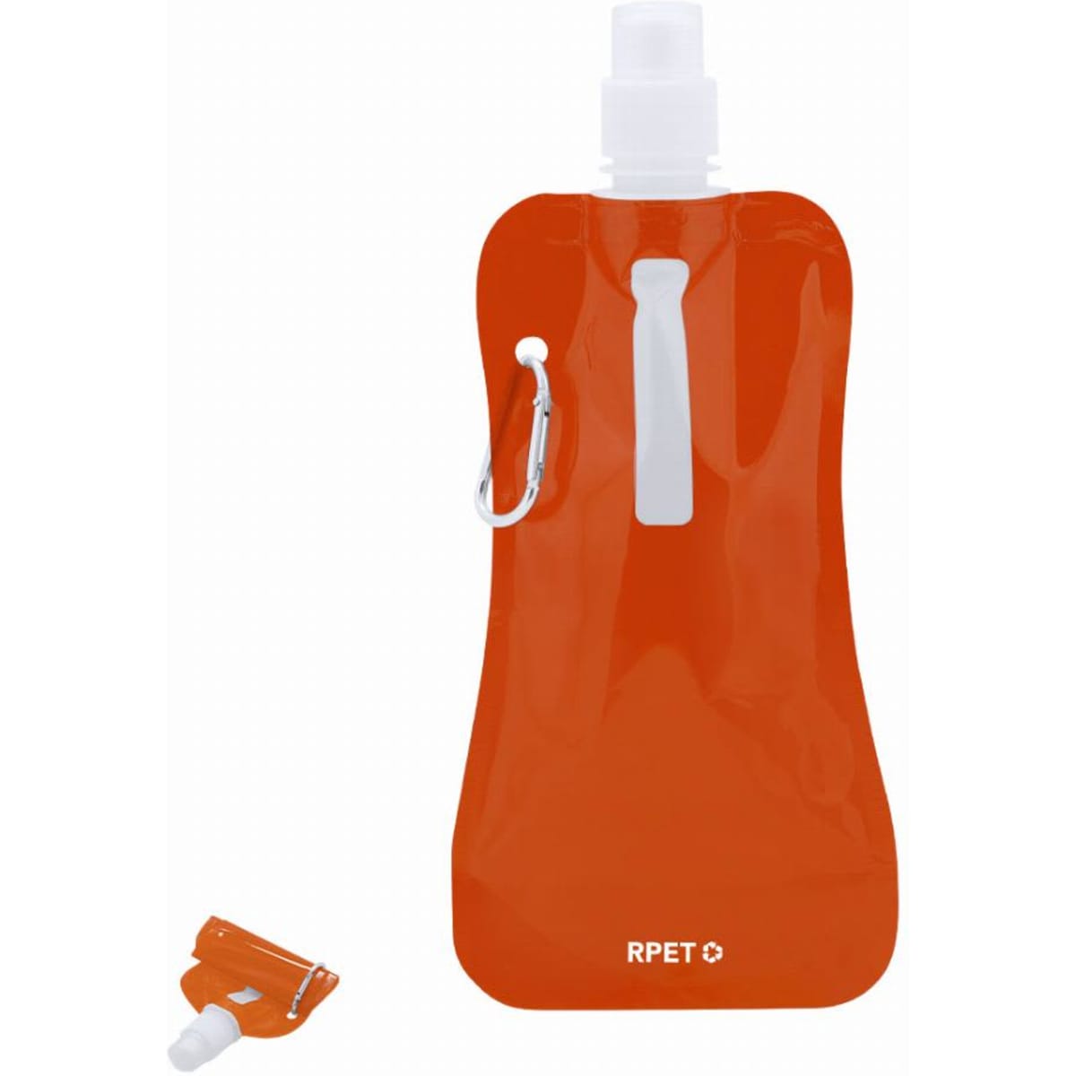 An orange drink bottle with a squeeze top, featuring a carabiner clip and a logo.