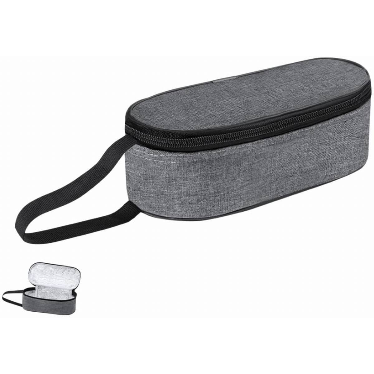 A grey zippered pencil case with a handle, featuring a smooth fabric texture and a compact design.