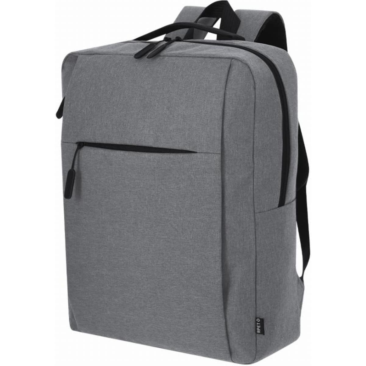 A grey backpack with a sleek design and a front zip pocket, featuring adjustable straps and a logo.