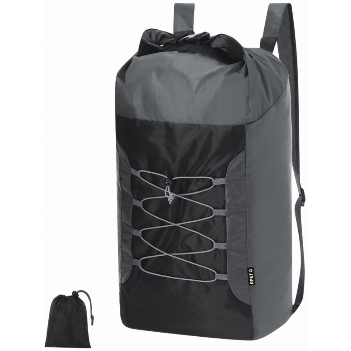 A backpack in grey and black, featuring a drawstring closure and adjustable straps, with a smaller matching pouch.