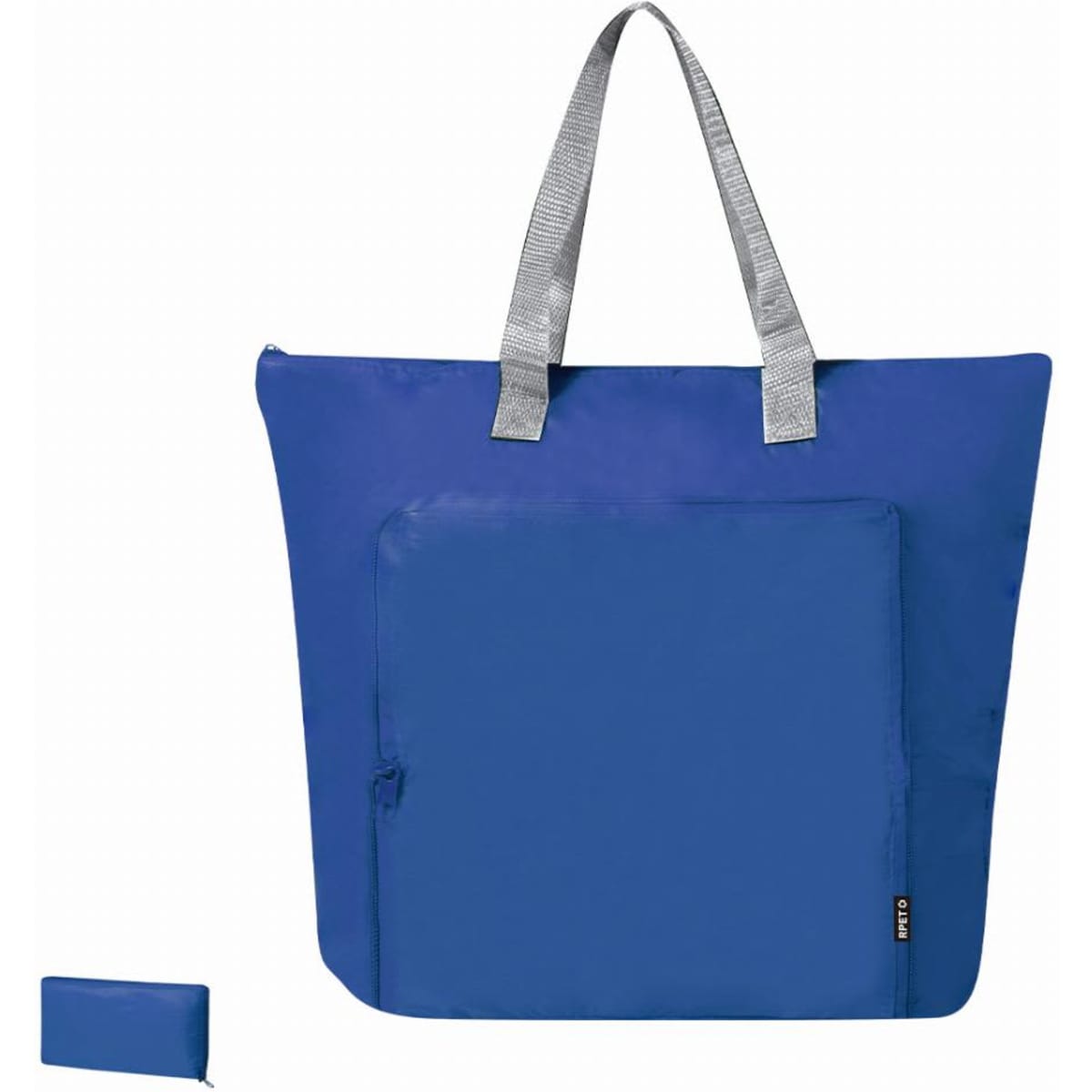 A bright blue tote bag with silver handles and a zipped pocket, folded compactly beside it.