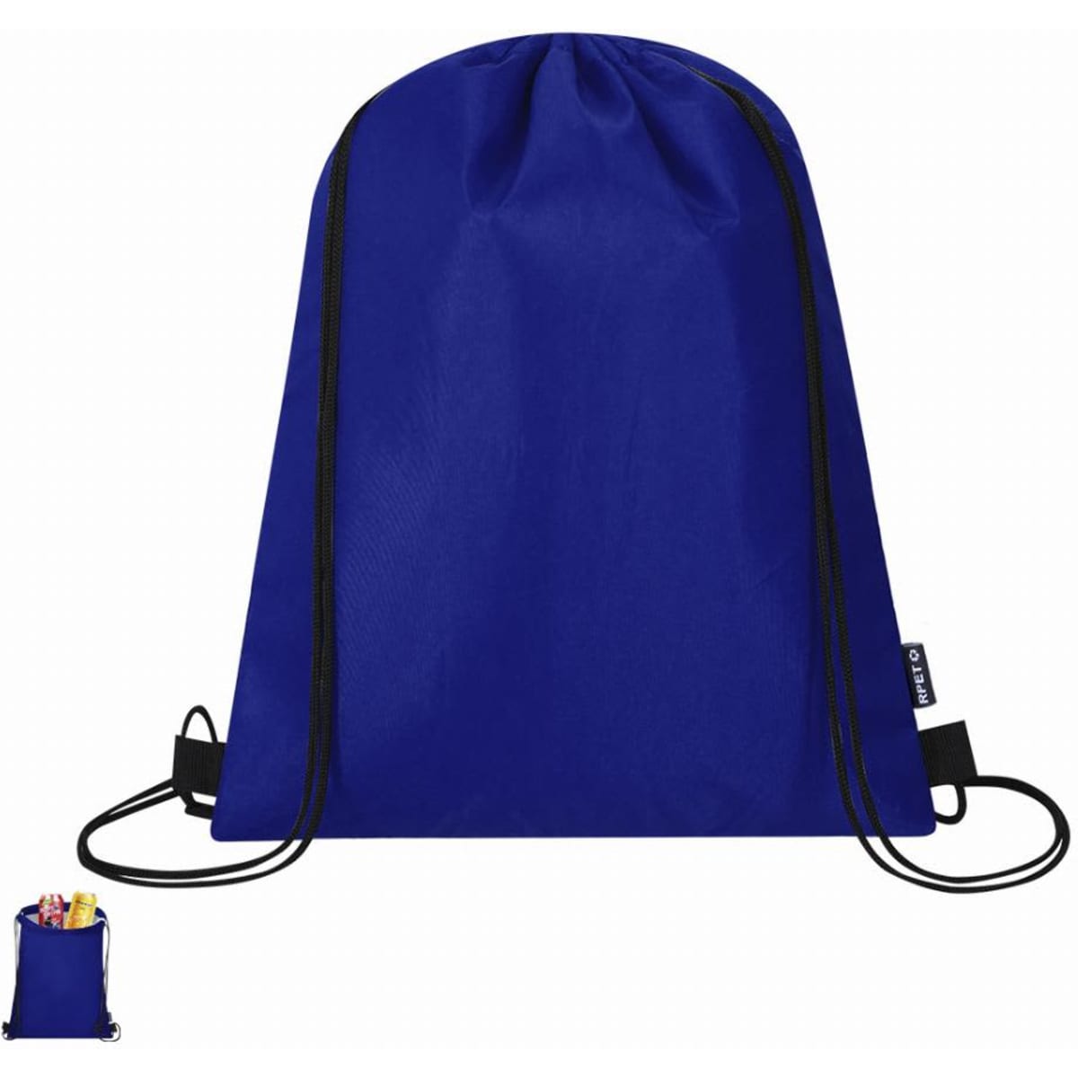 A drawstring backpack in a vibrant blue colour, featuring adjustable black cords and a simple design.