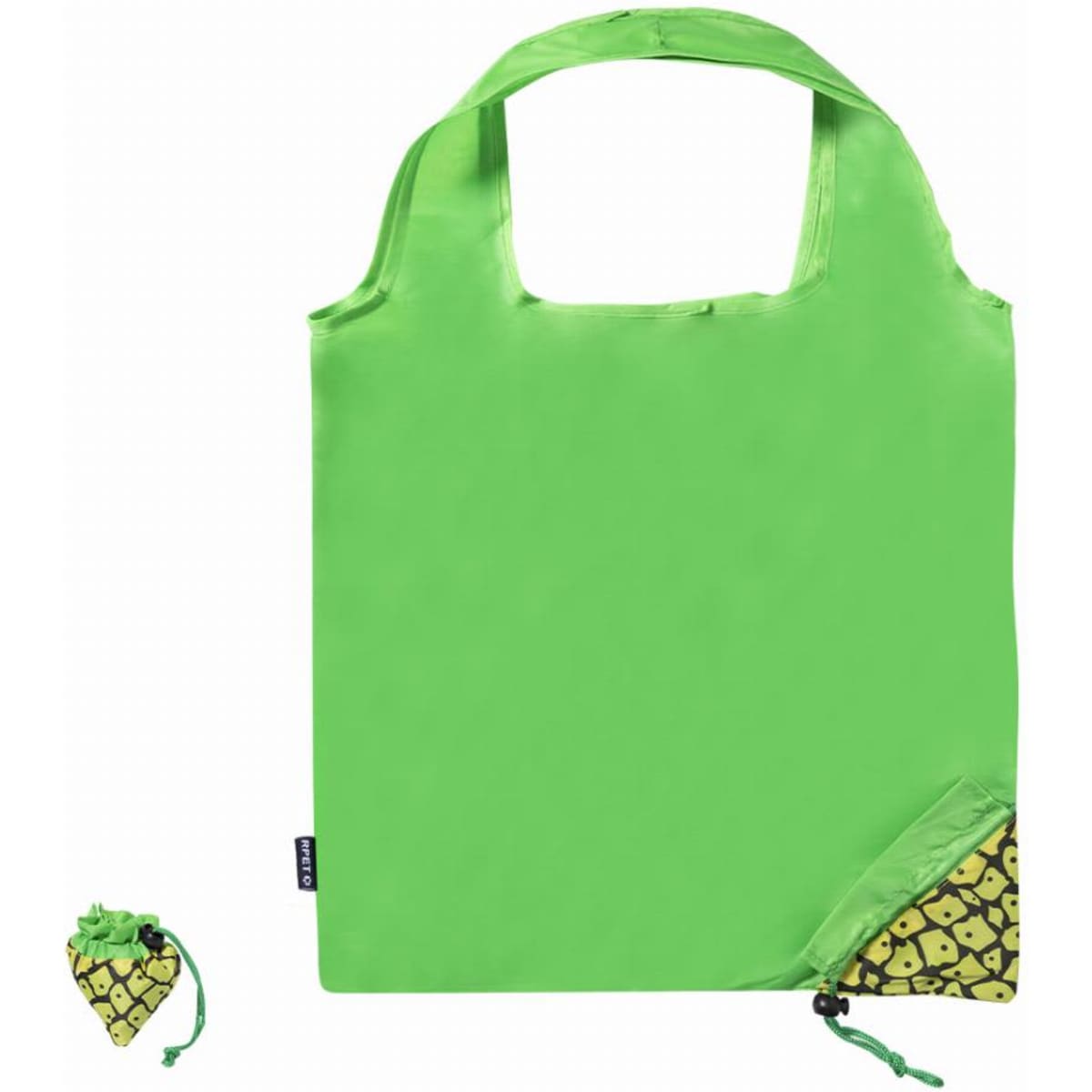 A green reusable shopping bag with a patterned corner and a matching drawstring pouch for storage.