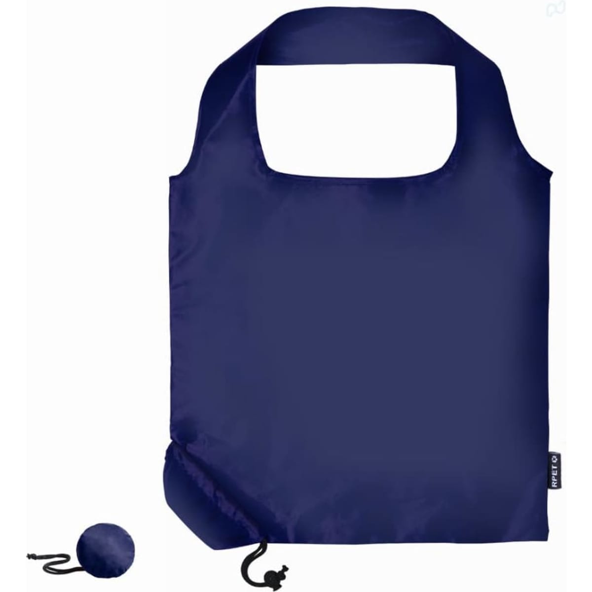 A navy reusable shopping bag with a drawstring and a compact pouch for storage. Features a simple design and logo.