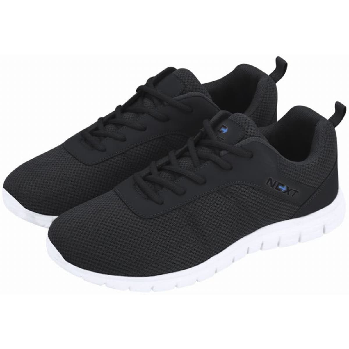 A pair of black athletic shoes with a white sole and a logo on the side. The design features a mesh upper.