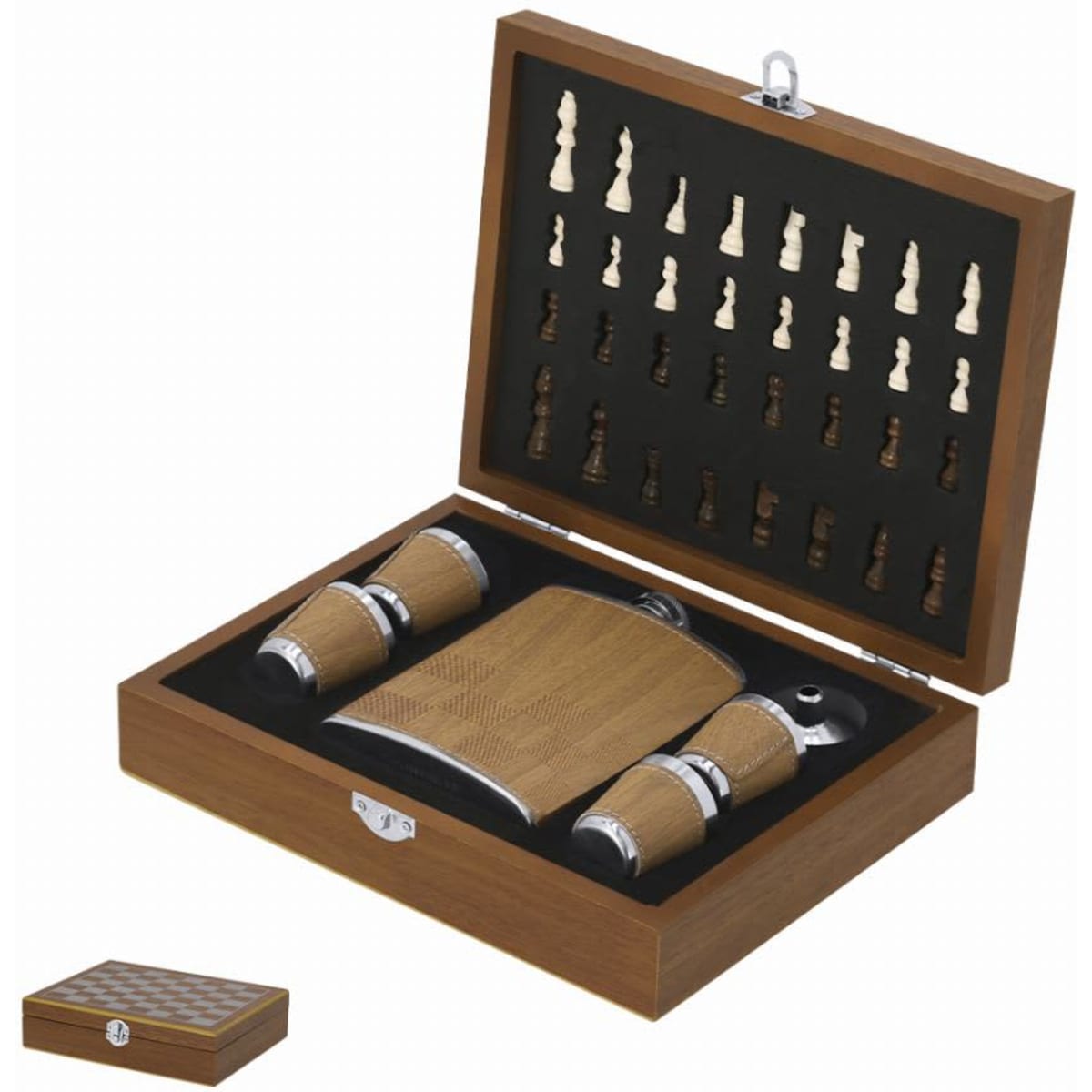 A drink bottle in a wooden box, featuring two metal flasks and a set of chess pieces in contrasting colours.
