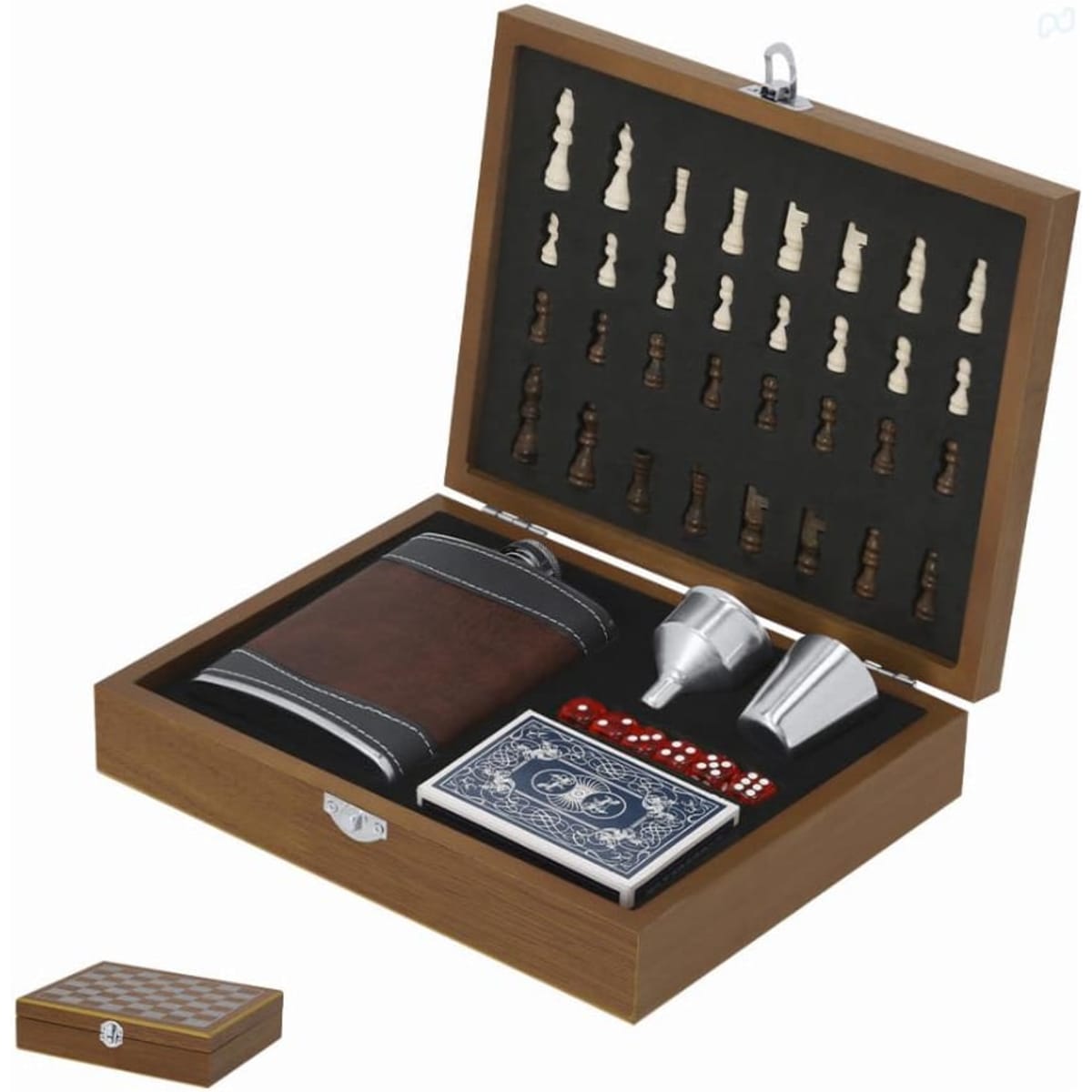 A game set featuring a wooden box containing chess pieces, a flask, dice, and playing cards.
